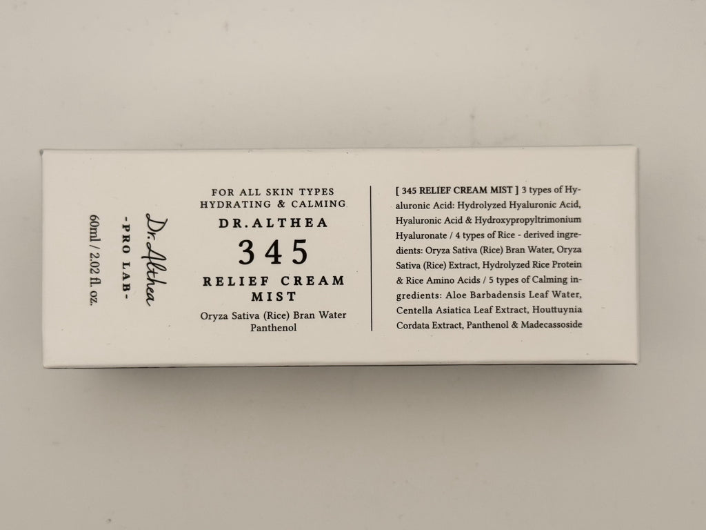 "Dr. Althea 345 Relief Cream Mist 60mL being misted on face for instant hydration and redness relief"

