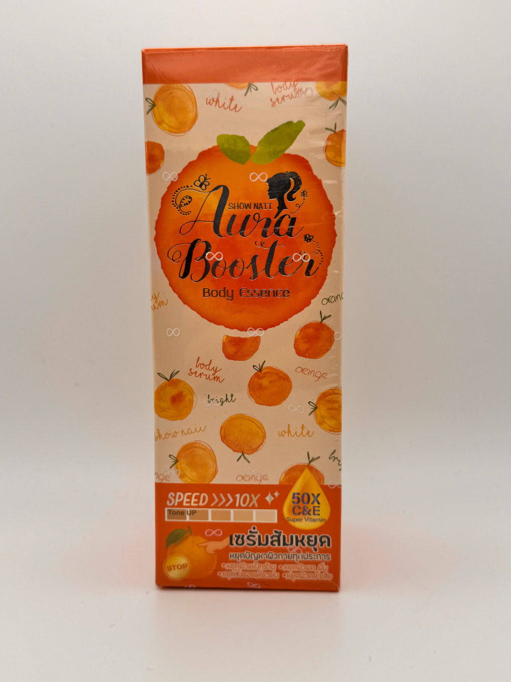 "Aura Booster Body Essence box front showing Thai brightening body serum with niacinamide and vitamin C for luminous aura glow"
