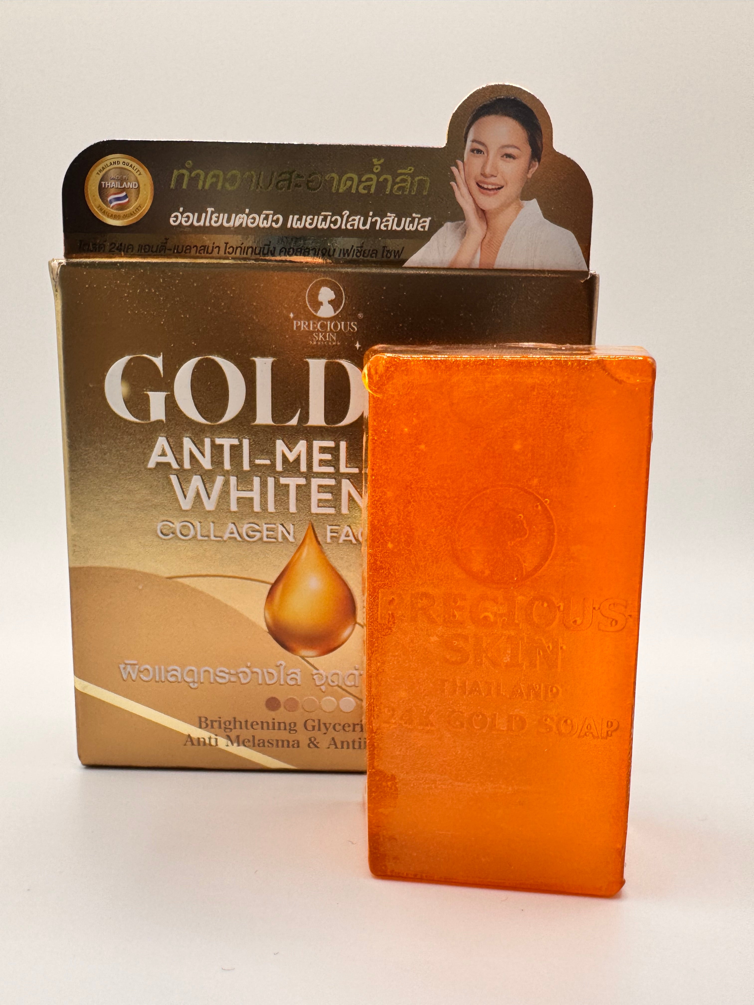 "Precious Skin Gold 24K Anti-Melasma Soap bar showing golden formula for brightening and even skin tone"
