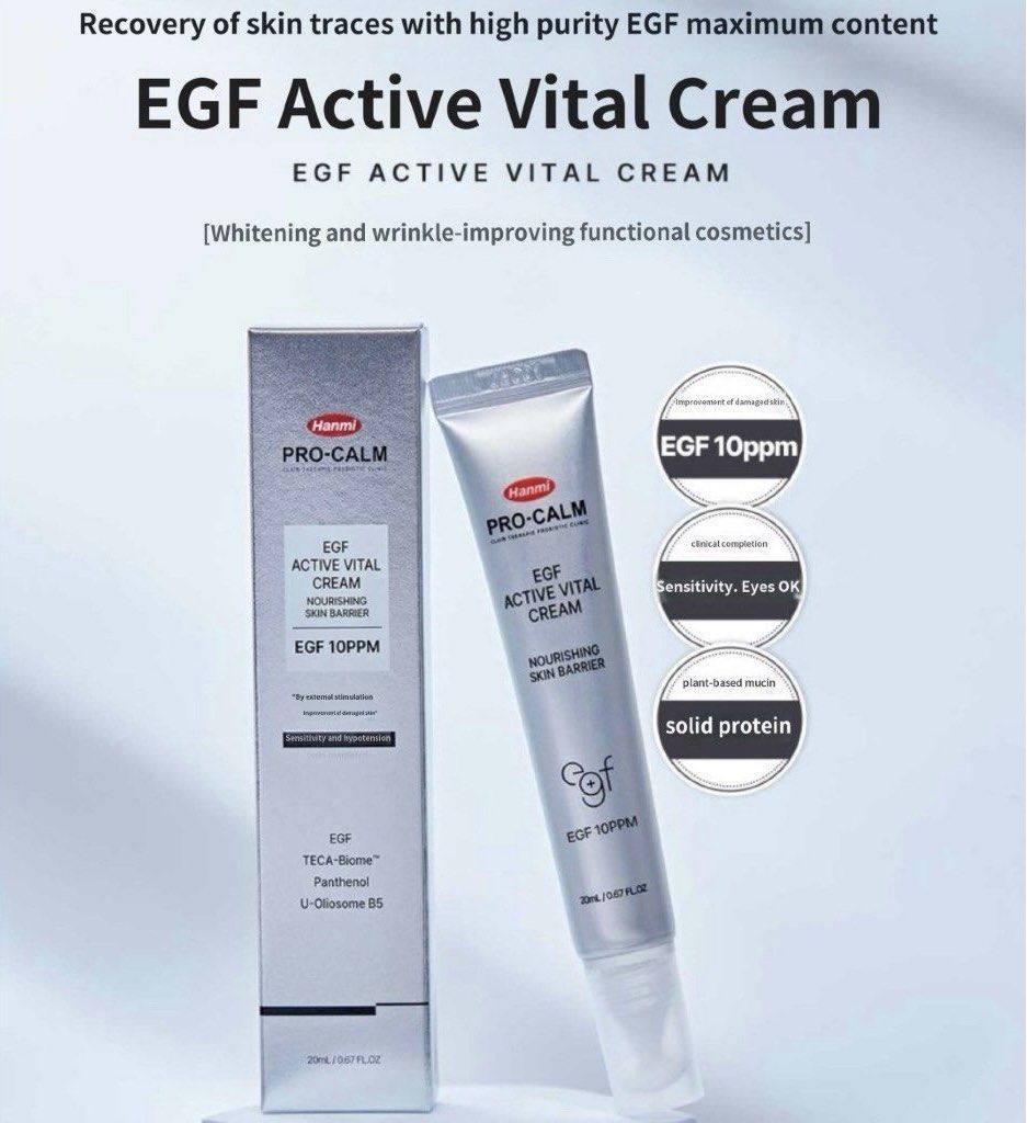 "Hanmi Pro-Calm EGF Active Vital Cream 20g product label showing key ingredients including EGF, centella asiatica, and peptide complex"